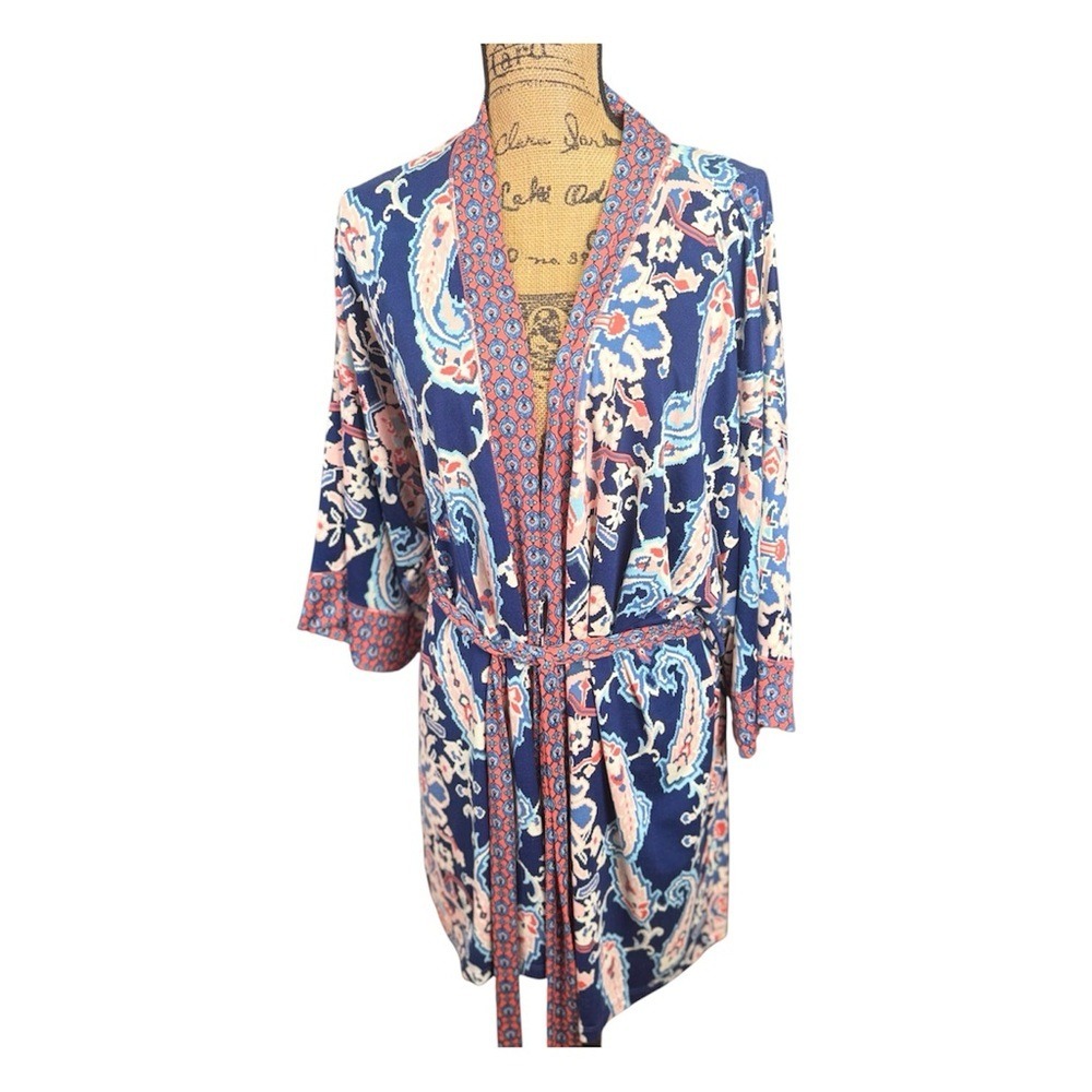 In Bloom by Jonquil Women's Size Large Kimono Robe Soft w/Belt Blue and Coral